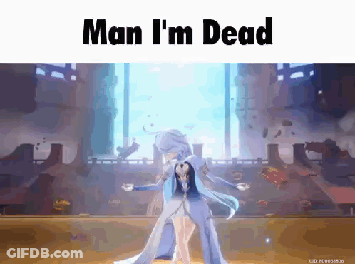 Woman In White Dress On Stage Saying Man I'm Dead GIF