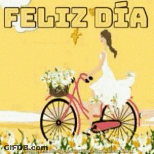 Woman In White Dress Riding Bicycle With Flowers Feliz Dia GIF
