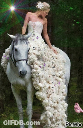 Woman In White Dress Riding White Horse GIF