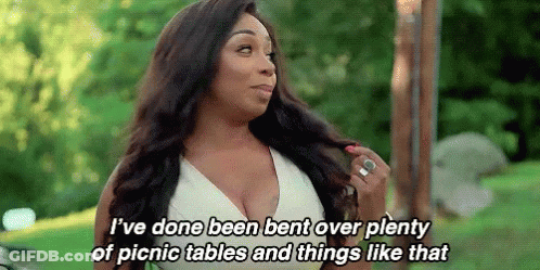 Woman In White Dress Saying I've Done Been Bent Over Plenty Of Picnic Tables And Things Like That GIF