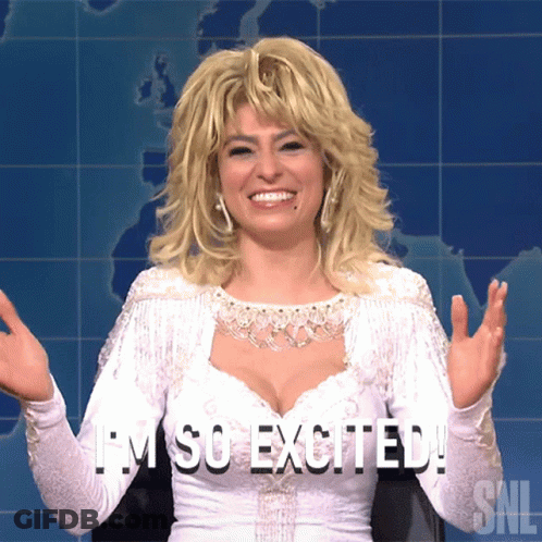 Woman In White Dress Says I'm So Excited SNL GIF