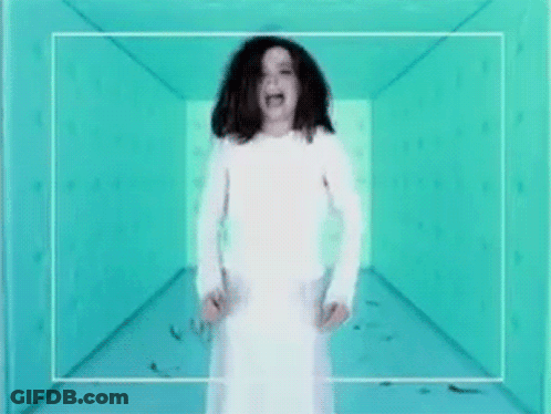 Woman In White Dress Screaming In Blue Hallway GIF