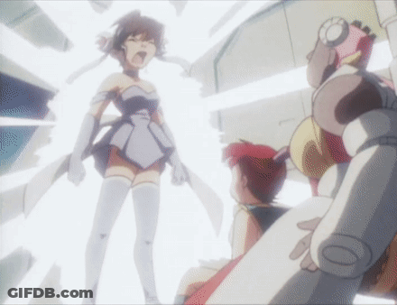 Woman In White Dress Stands Before Robot GIF