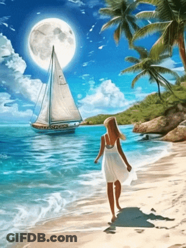 Woman In White Dress Walking On Beach With Sailboat GIF