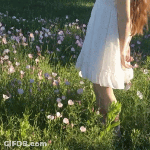 Woman In White Dress Walking Through Flower Field GIF