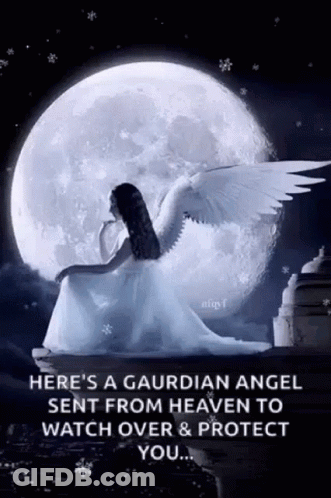 Woman In White Dress With Angel Wings Under Full Moon GIF
