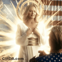 Woman In White Dress With Halo In Front Of American Flag GIF