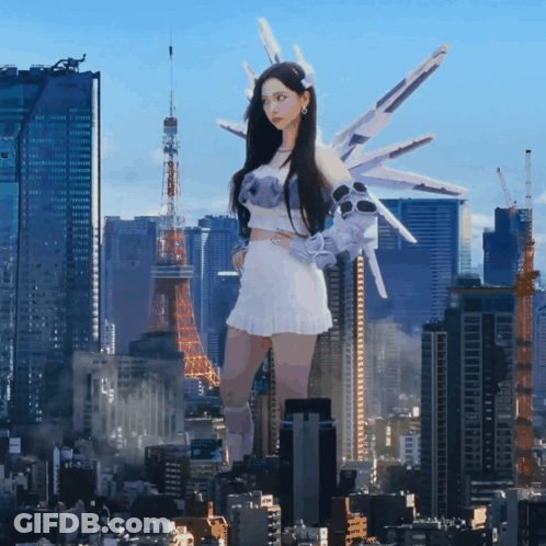 Woman In White Dress With Wings In City Skyline GIF