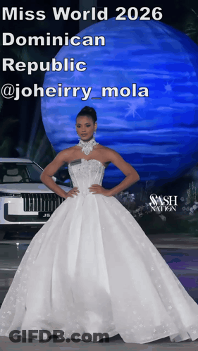 Woman In White Gown In Front Of Blue Planet Miss World 2026 GIF