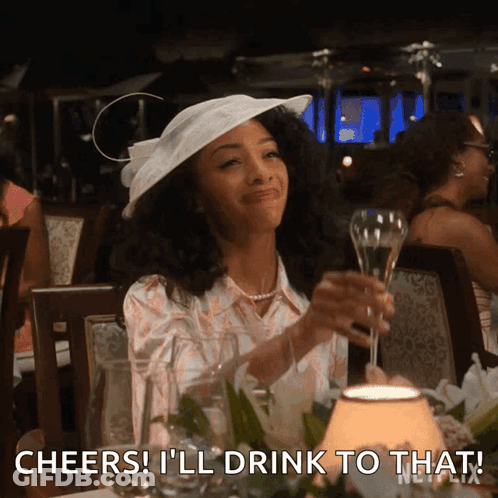 Woman In White Hat Holding Champagne Cheers GIF