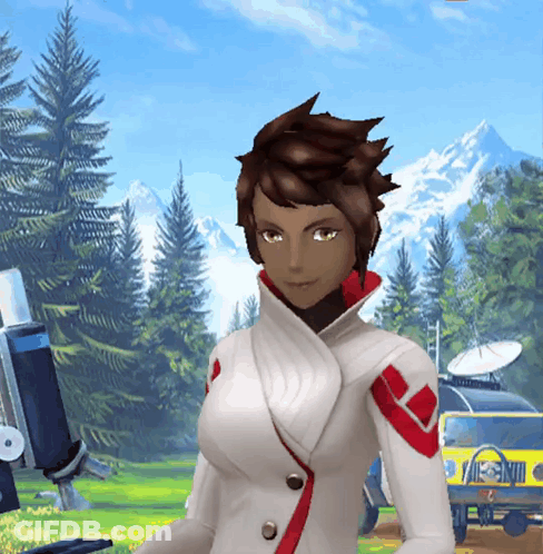 Woman In White Jacket With Red Sleeves By Mountain GIF