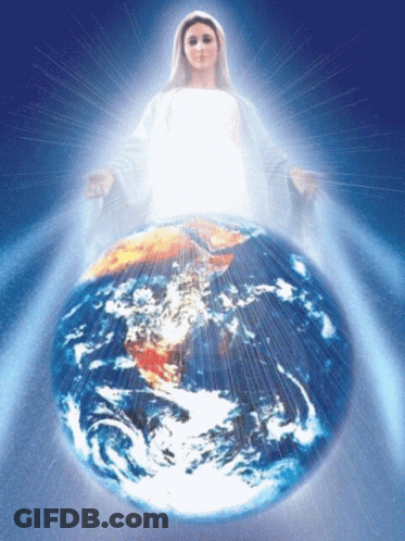 Woman In White Robe Over Blue Globe GIF
