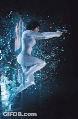 Woman In White Suit Flying With Gun GIF