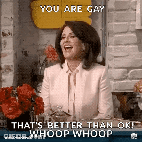 Woman In White Suit Laughing Saying You Are Gay That's Better Than Ok Whoop Whoop GIF
