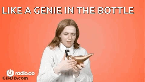 Woman In White Sweater And Tie Holding Genie Lamp Looking Up GIF