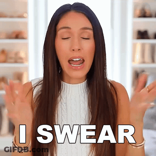 Woman In White Sweater Says I Swear Eyes Closed GIF