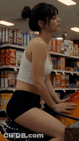 Woman In White Tank Top And Black Shorts On Motorcycle In Grocery Store GIF