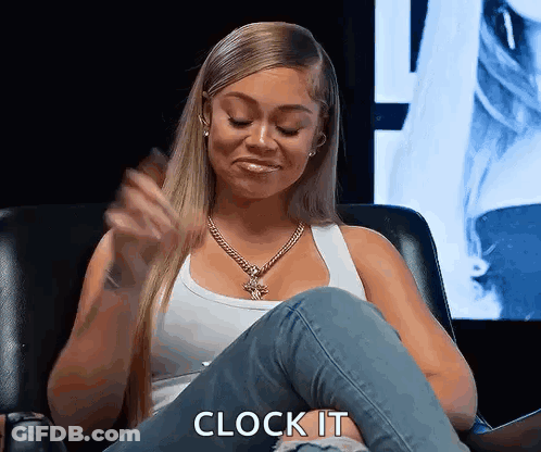 Woman In White Tank Top And Jeans Saying Clock It GIF
