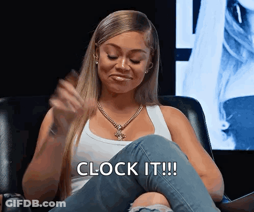 Woman In White Tank Top And Jeans Says Clock It GIF