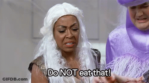 Woman In White Wig Holding Meat Saying Do Not Eat That GIF
