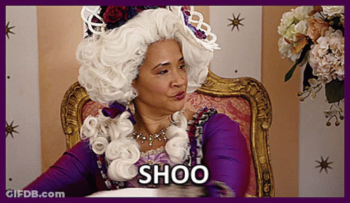 Woman In White Wig Saying Shoo GIF