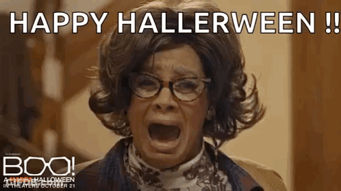 Woman In Wig And Glasses Screaming Happy Halloween GIF