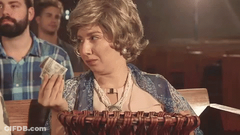 Woman In Wig Holding Basket Of Money GIF