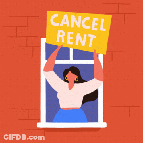 Woman In Window Holding Cancel Rent Sign GIF