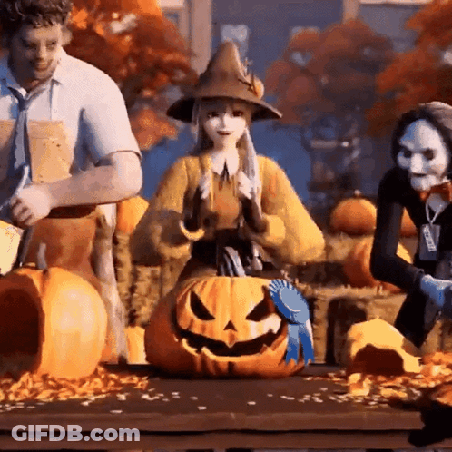 Woman In Witch Costume Sitting On Pumpkin With Blue Ribbon GIF