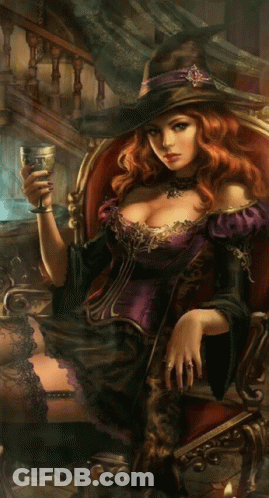 Woman In Witch Hat Holding Goblet GIF