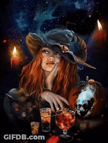 Woman In Witch Hat Next To Cat And Skull GIF