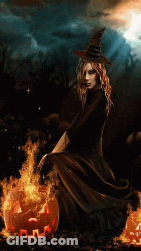Woman In Witch Hat Next To Pumpkin GIF