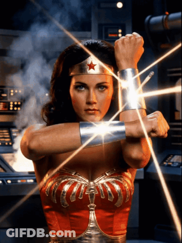 Woman In Wonder Woman Costume Holding Fist Up GIF