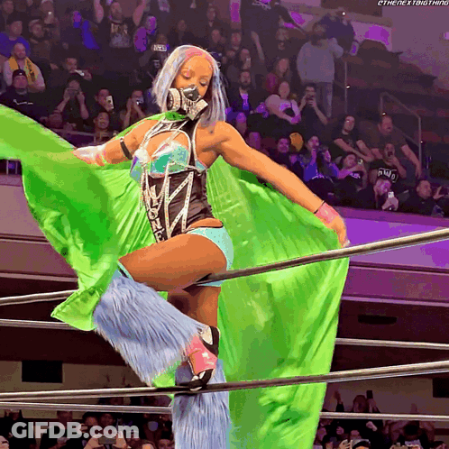 Woman In Wrestling Ring With Green Cape Saying The Next Thing GIF