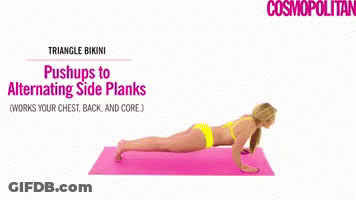 Woman In Yellow Bikini Push-Ups And Side Planks GIF