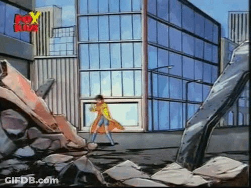 Woman In Yellow Cape At Fox Kids Building GIF