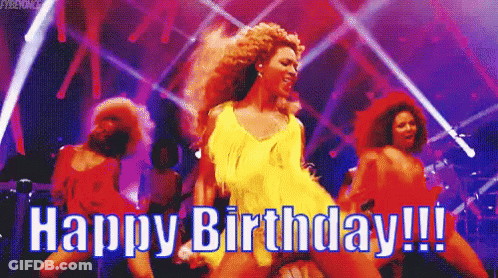 Woman In Yellow Dress Dancing On Stage Saying Happy Birthday GIF