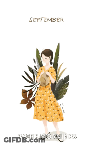 Woman In Yellow Dress Holding Potted Plant With Falling Leaves GIF