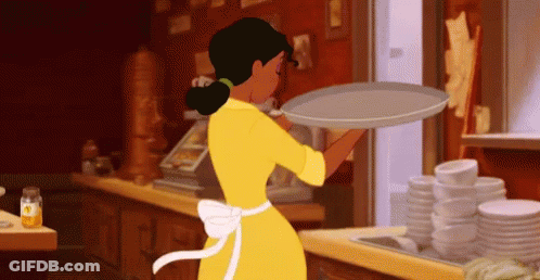 Woman In Yellow Dress Holding Tray GIF