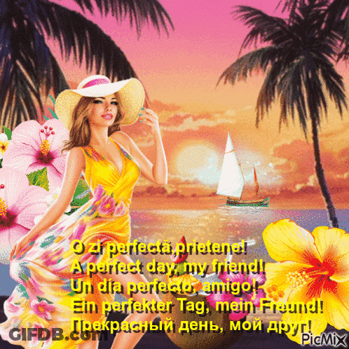 Woman In Yellow Dress In Front Of Sailboat On Beach GIF