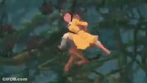 Woman In Yellow Dress Lifted By Gorilla GIF