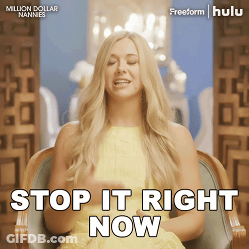 Woman In Yellow Dress Sitting In Chair Saying Stop It Right Now GIF
