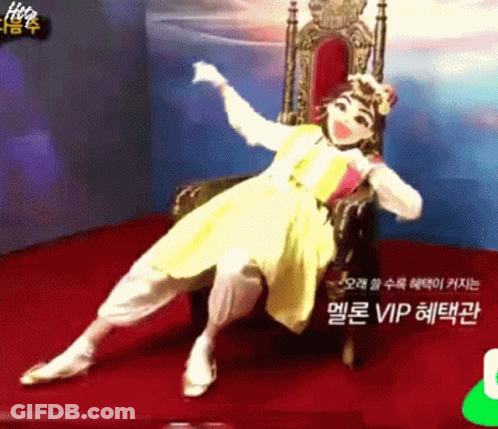 Woman In Yellow Dress Sitting On Throne With Foreign Writing GIF