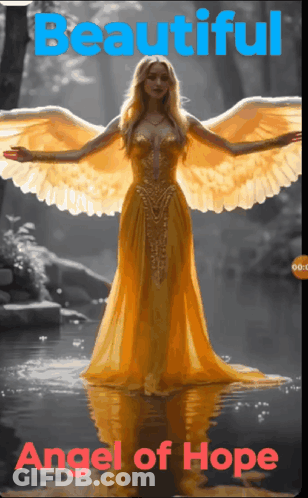 Woman In Yellow Dress With Angel Wings Standing In Water GIF