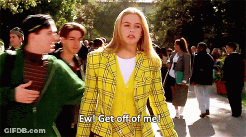 Woman In Yellow Plaid Jacket Saying Ew Get Off Of Me GIF