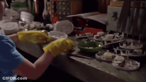 Woman In Yellow Rubber Gloves Cleaning Counter GIF