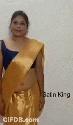 Woman In Yellow Satin Saree And Blue Blouse GIF