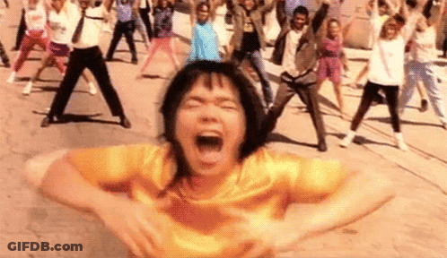 Woman In Yellow Shirt Screaming While People Dance GIF
