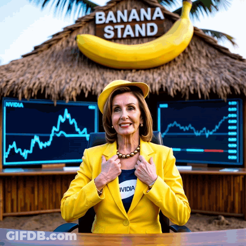 Woman In Yellow Suit At Banana Stand GIF