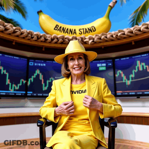 Woman In Yellow Suit Beside Banana Stand GIF